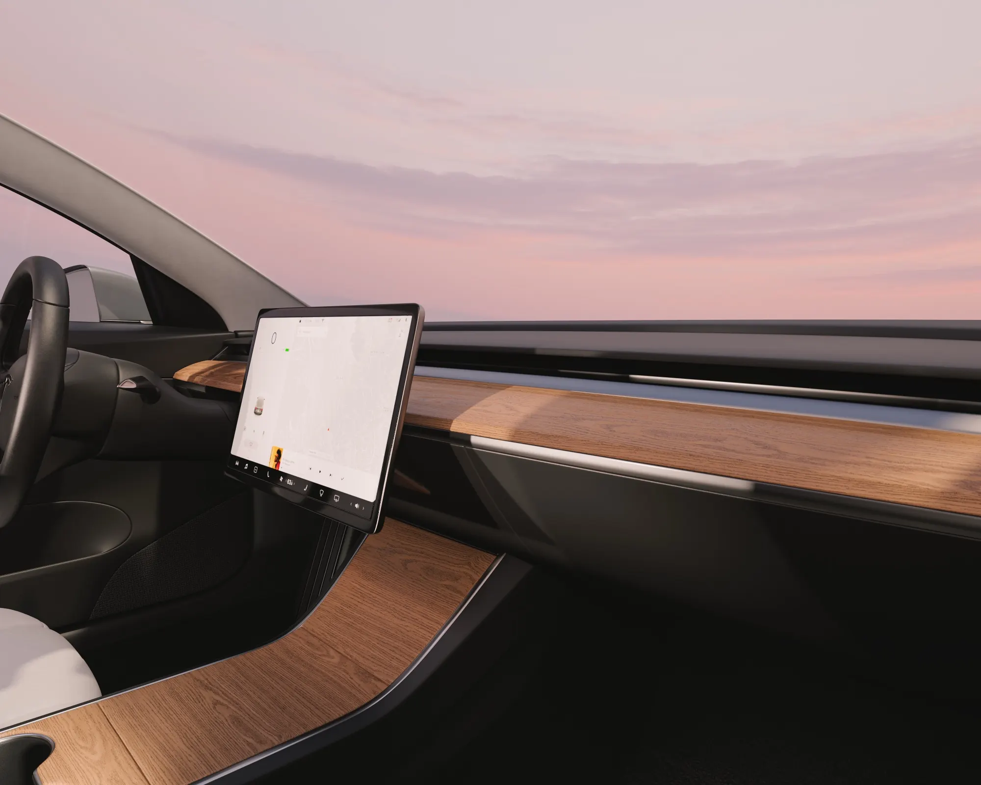 Tesla Model 3 dashboard with the Hills walnut trim