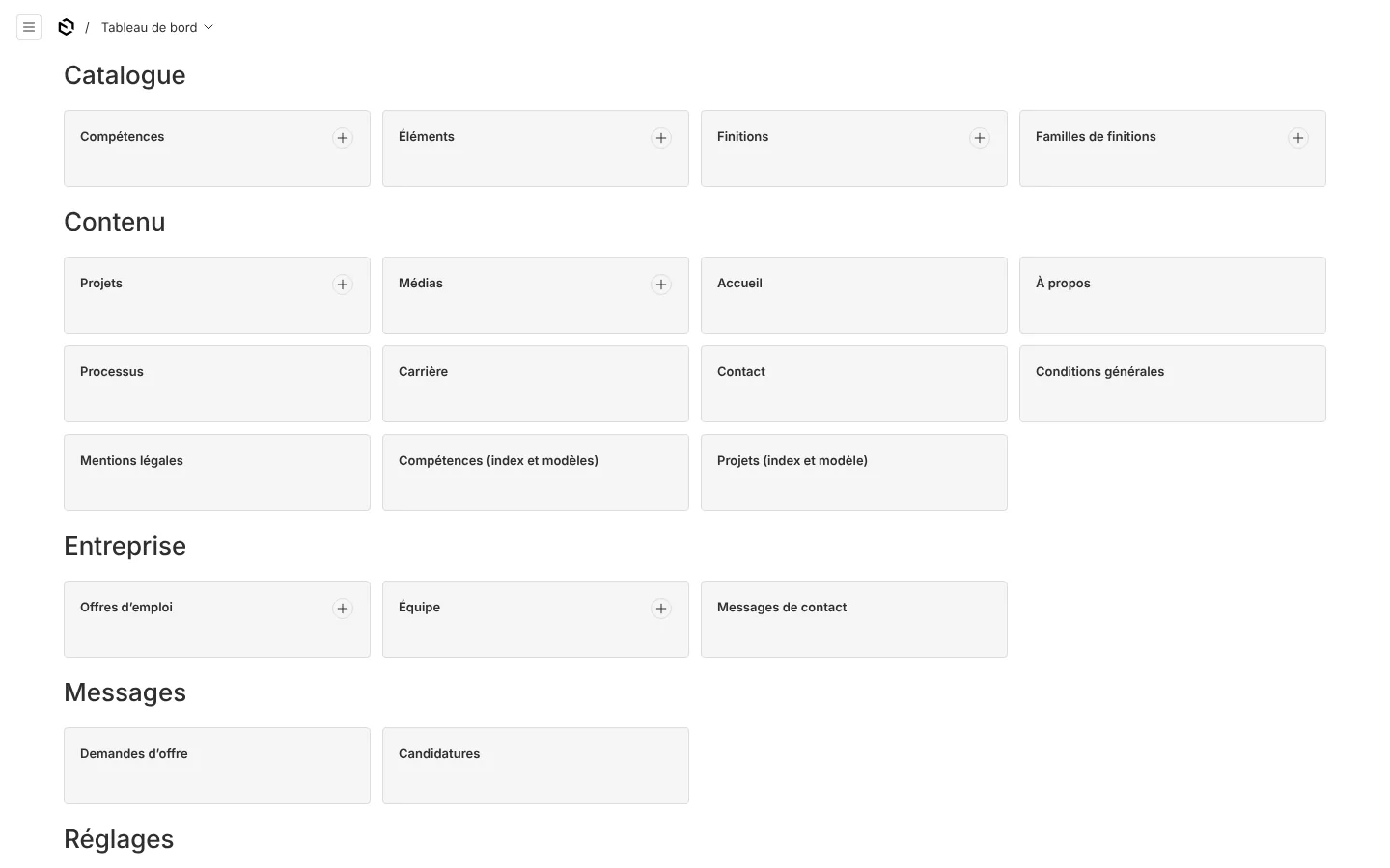 The admin dashboard, grouped into Catalogue, Contenu, Entreprise and Messages