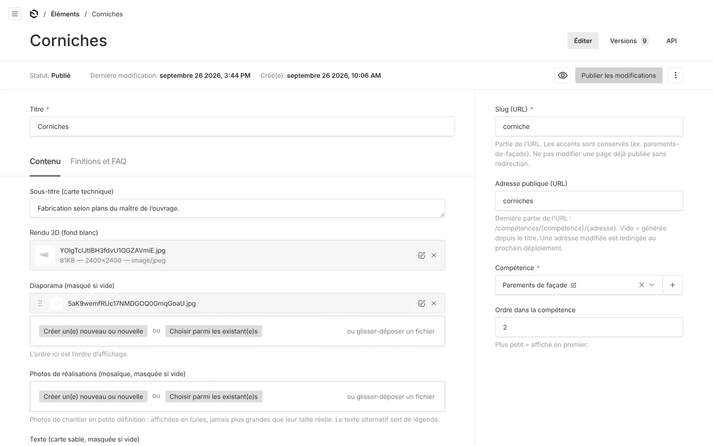 The Payload CMS admin in French, editing the Corniches element: title, render, gallery, public address and compétence
