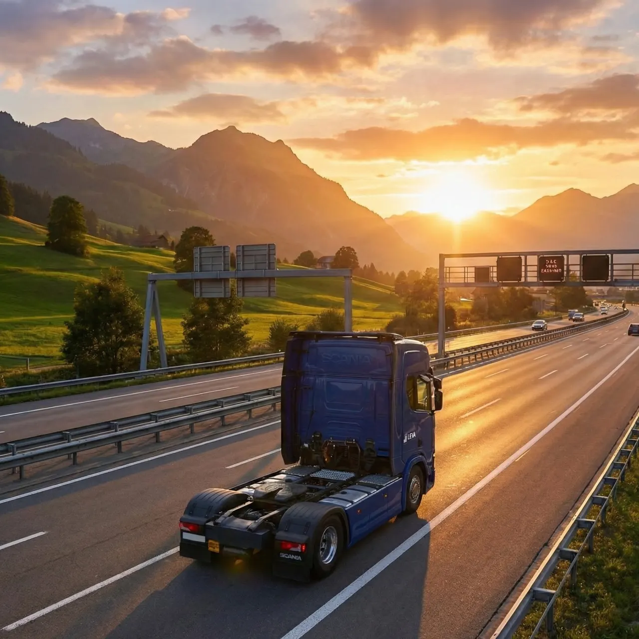 A Leva truck on the motorway at sunset